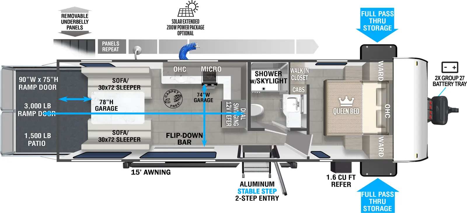 The 265RTK  has no slide outs, 1 entry door and 1 rear ramp door. Exterior features include a 15 ft. awning, aluminum stable step 3-step entry, LP quick connect, LP griddle, 1.6 cu. ft. refrigerator, 2x group 27 battery tray, oversized door for storage access, spare tire winch system, optional solar extended 200W power package, spray port, hot/cold exterior shower and removable underbelly panels. Interior layout from front to back: front bedroom with Queen bed, overhead cabinet and wardrobes on each side of the bed; walk-in closet; off-door side bathroom with shower w/ skylight, medicine cabinet, toilet and vanity; kitchen area with rear facing dual swinging door 12V refrigerator, overhead cabinets and microwave and stovetop; door side flip-down bar; rear opposing side 30 x 72 sofa/sleepers; optional stow n load quad bunk system. Weight capacities and cargo dimensions include: 3,000 lb. ramp door when lowered (1,500 lb limit in patio mode), ramp door is 90 in. wide by 75 in. tall; 84 inch interior garage height; 72 in. garage width; and 156 in. garage length from rear to refrgierator.